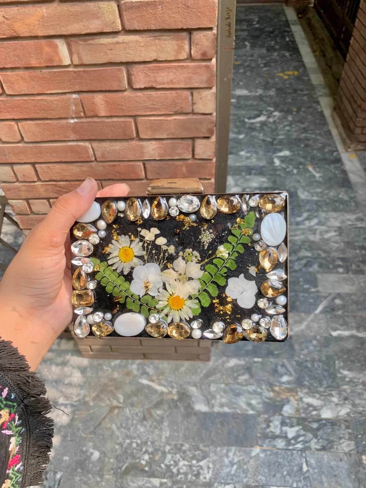 Floral Black Marble Clutch